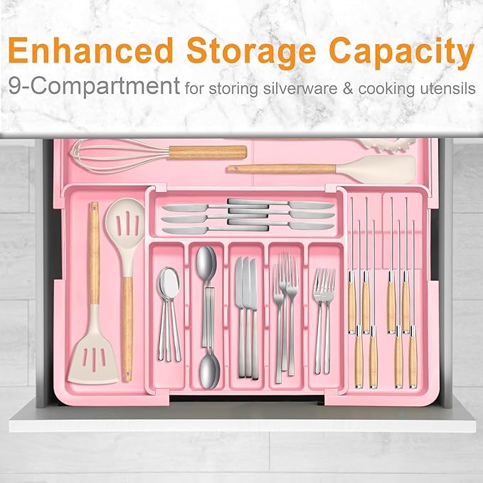 Homecor Silverware Organizer - Expandable Large Kitchen Drawer Organizer Utensil Organizer with 2 Knife Block Inserts, 22"x 19"Cutlery Tray with Drawer Dividers for Kitchen Flatware (Pink)