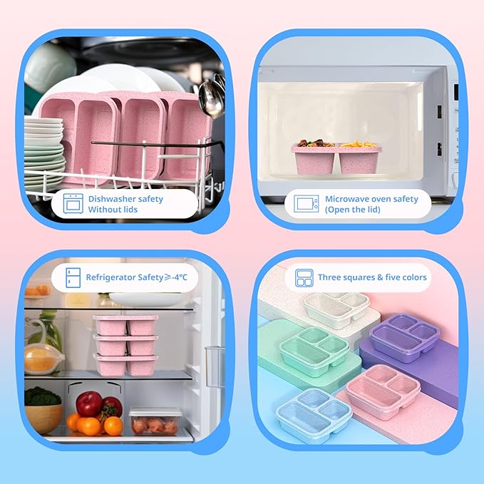 Snack Boxes (3 Pack) - Stackable Bento Boxes with 3 Compartments, Meal Prep Containers Reusable, Lightweight Lunch Containers for Kids and Adults