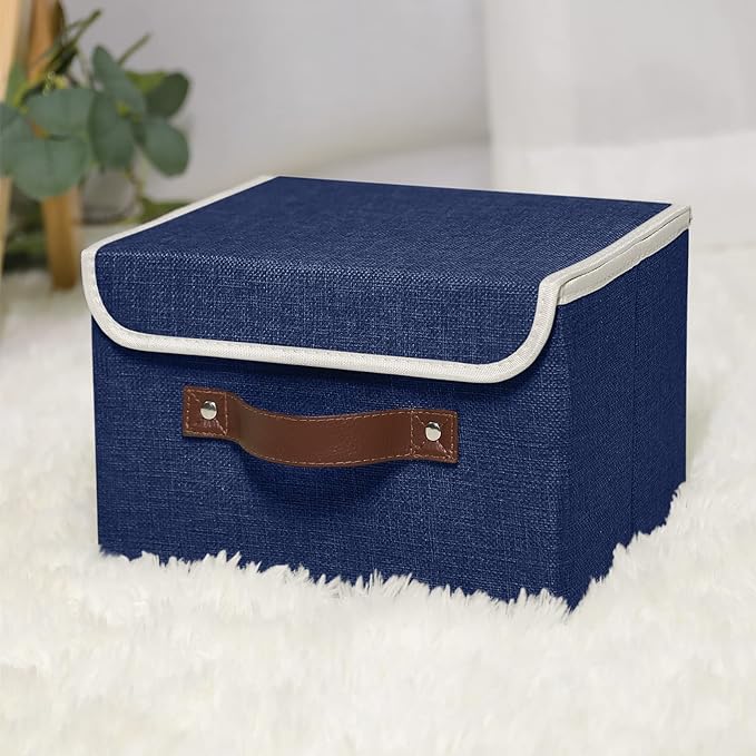 ANMINY Storage Bin with Lid Storage Boxes with PU Leather Handles PP Plastic Board Decorative Foldable Lidded Cotton Linen Fabric Home Cubes Baskets