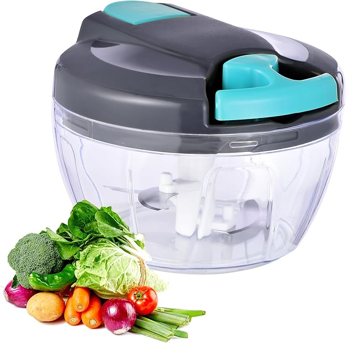 Manual Food Processor Vegetable Chopper, Portable Hand Pull String Garlic Mincer Onion Cutter for Veggies, Ginger, Fruits, Nuts, Herbs, etc., 500ml,（Gray-blue）
