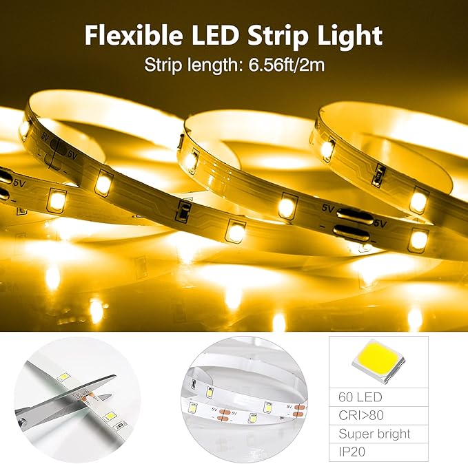 WOBANE Motion Activated LED Strip Light, Rechargeable Magnetic Battery Box with 6.56ft LED Strip,60 LEDs Homelife Sensor Bar for Wardrobe,Stair,Pantry,Counter,Under Cabinet,Bed,Door,2700K Warmwhite