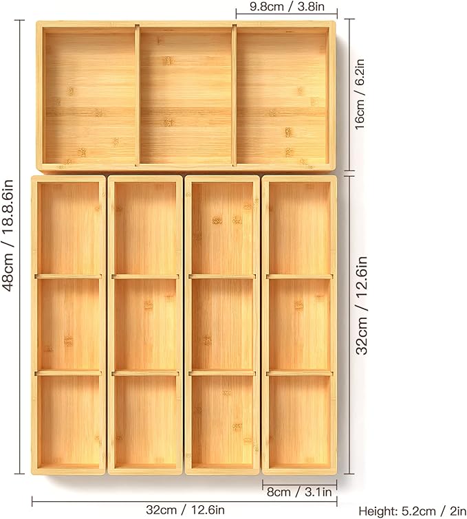 DUJEN 5 pieces Bamboo Drawer Organizer, Adjustable 3 Individual Junk Drawer organizer for Bathroom and Kitchen, Wood Drawer Organier Boxes for Jewellery, Make up and Tea Bag