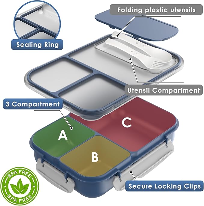 WHALEHOUSE Large Capacity Bento Box for Adult, 1700ML 3 Compartments Lunch Box with Utensil, Airtight Food Container with Lids for Meal Prep, Microwave/Dishwasher/Freezer Safe, On the Go (Dark Blue)