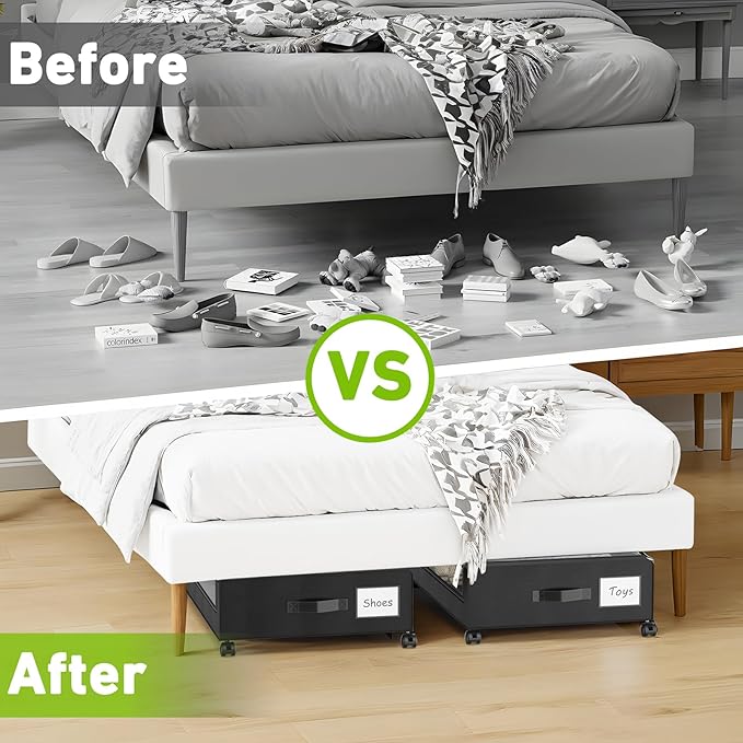 Molutsody Under Bed Storage with Wheels, 4-Pack Underbed Storage Containers with Clear Lids, Under Bed Shoe Storage Organizer