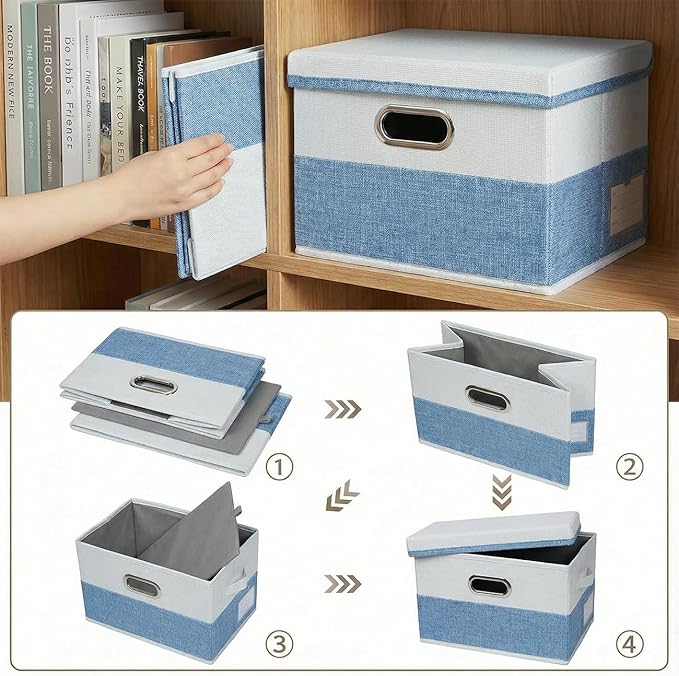 PRANDOM Storage Bins [3-Pack] Linen Foldable Boxes - Blue & White