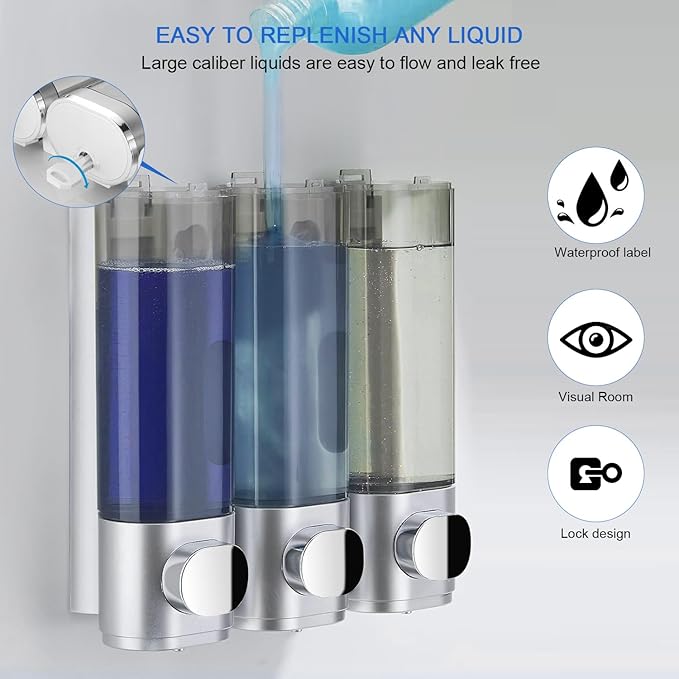 Shampoo and Conditioner Dispenser Shower Soap Dispenser Shampoo Dispenser Body Wash Dispenser for Bathroom,Large Capacity, Silver