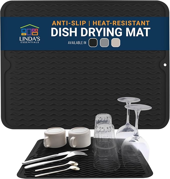 Silicone Dish Drying Mat for Kitchen Counter - Multi-Use 18 x 16 Inch Pad, Non-Slip & Heat-Resistant, Perfect Dish Drainer Mat by Linda’s Essentials, Ideal Kitchen Accessory (Black)