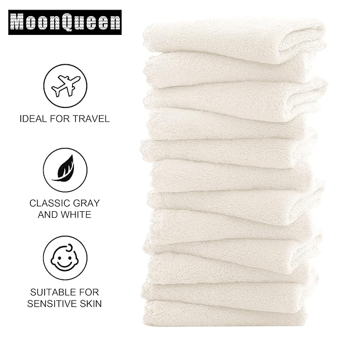 MOONQUEEN Microfiber Facial Cloths Fast Drying Washcloth 12 Pack - Premium Soft Makeup Remover Cloths - Cream