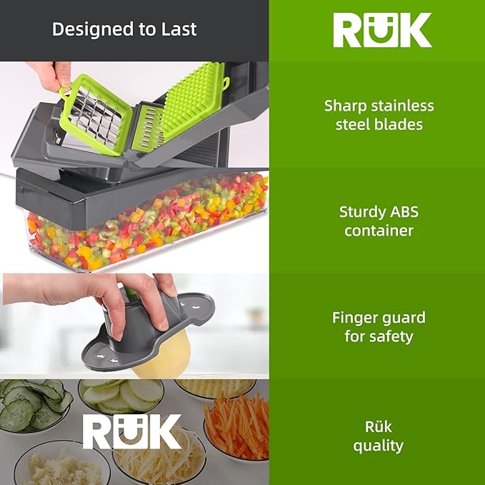 RüK 10-in-1 Vegetable Chopper – 6 Blade Veggie Chopper with Container, Food Dicer, Onion Cutter, Cheese Grater, Mandoline Slicer, Kitchen Gadgets & Home Essentials (Gray)