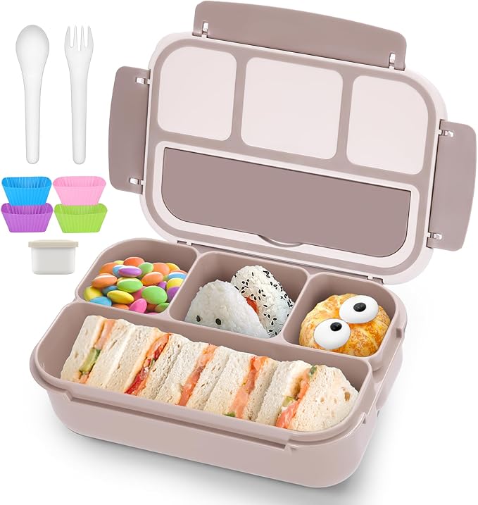 QQKO Bento Box Adult Lunch Box, Lunch Containers for Adults Men Women, Kids Lunch Boxes for School with 4 Compartments, Sauce Container