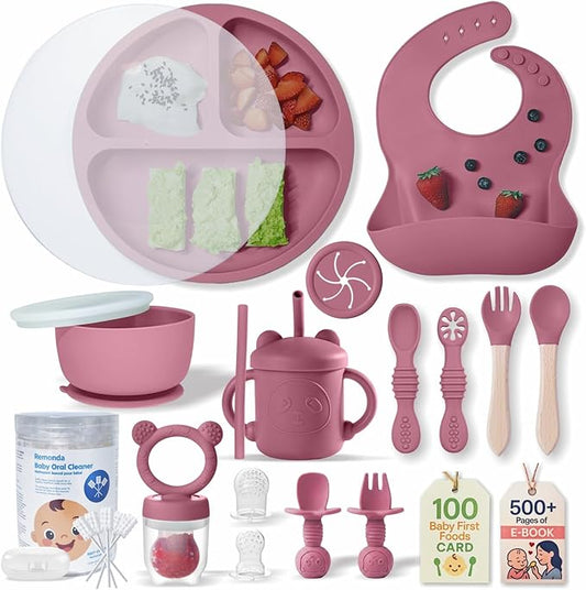 Remonda 23-Piece BPA-Free Silicone Baby Feeding Set | Extra Large Suction Plates, Toddler Bowls, Self Feeding Spoons, and More