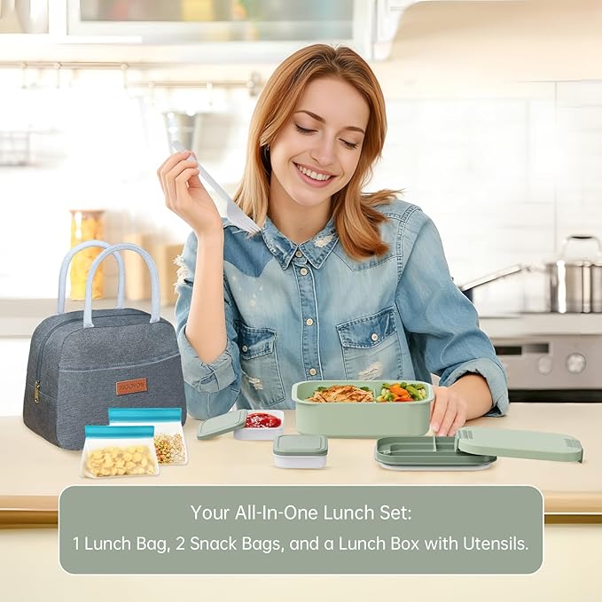 JBGOYON Bento Box and Lunch Bag Set, Leak-Proof Lunch Box for Adults and Kids with Built-in Utensils, Insulated for Work School Travel, Microwave & Dishwasher Safe, All-in-One (Light Green)
