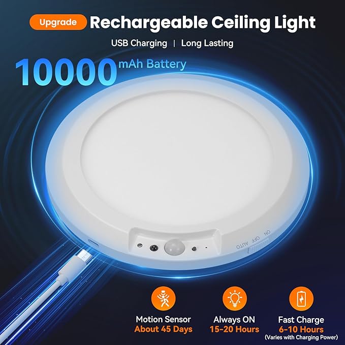 Rechargeable Motion Sensor Ceiling Light Indoor Outdoor w/Remote, 7.08 Inch Battery Operated Flush Mount Ceiling Light 3000K 4000K 6000K 400LM Dimmable for Closet Hallway Laundry Stairs (2)
