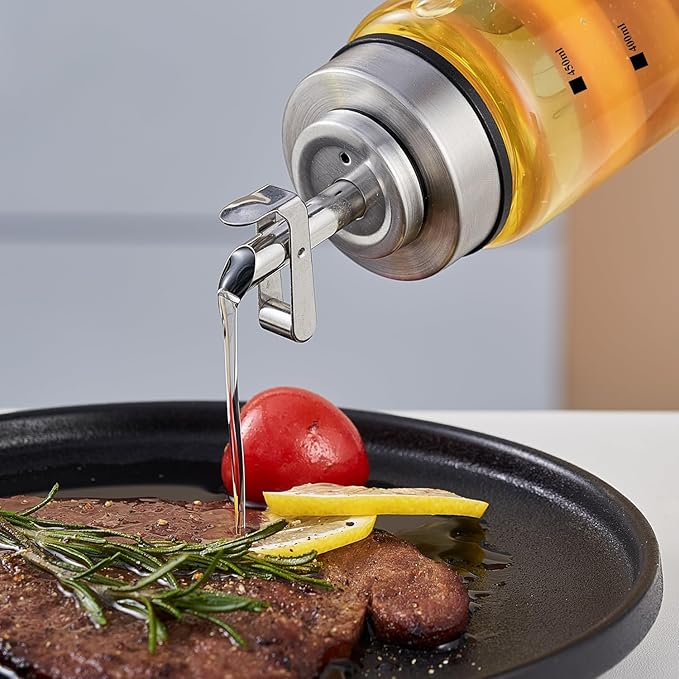 Verdental 15 oz Glass Olive Oil Dispenser Bottle with Stainless Steel Pourer Spout for Cooking Oil, Syrups, Vinegar, Sauces, Wines with Non-slip Silicone Ring and Labels (450 ML)