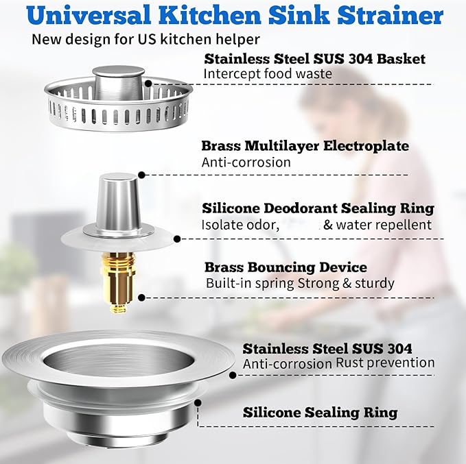 Brushed Stainless Steel Sink Strainer - 3-1/2" Drain Stopper
