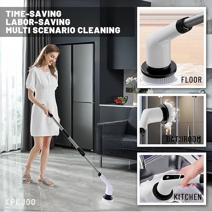 Electric Spin Scrubber- Ditch The Scrubbing! Long Handle Shower Scrubber with 9 Replaceable Heads - 2 Speed Cordless Brush Ensures Long Battery Life, Modern White Design!