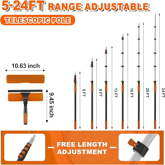 SISUPASSIE 30FT Reach 2-in-1 Window Squeegee, Professional Window Washing Kit with 5-24FT Extension Pole for Home