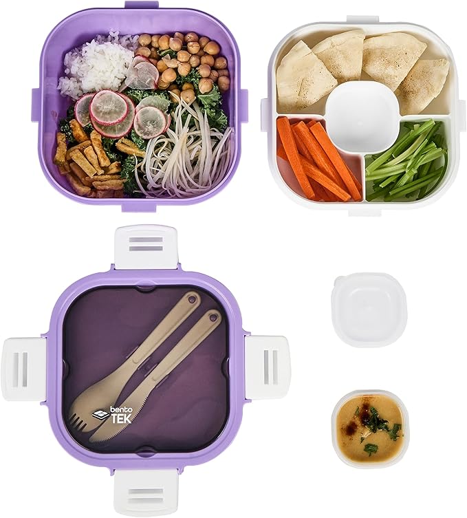 Restaurantware-Bento Tek 57.5 Ounce Bento Box, 1 Reusable Lunch Container - With Fork And Knife, Does Not Contain BPA, Purple And White Plastic Reusable Lunch Box, Microwavable, Dishwashable