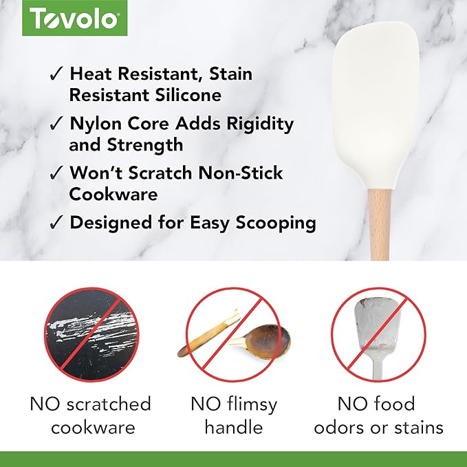 Tovolo Silicone Spoonula Silicone Spoon Spatula With Wooden Handle for Cooking Mixing Baking, Large Heat Resistant Multifunction Spatula Cooking Spoon Wood Handle Kitchen Utensil White