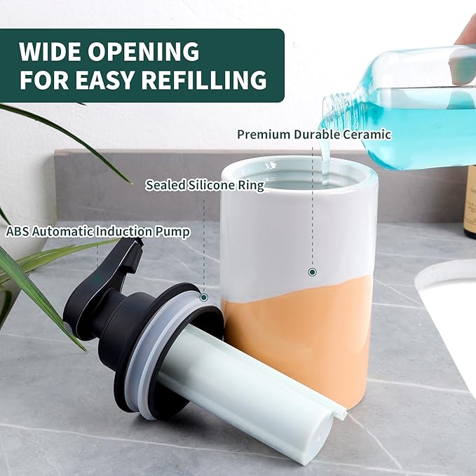 BosilunLife Automatic Soap Dispenser Ceramic Hand Free Soap Dispenser with Waterproof Pump Rechargeable Smart Electric Soap Lotion Dispenser Touchless for Kitchen Bathroom (White-Orange, Liquid Pump)