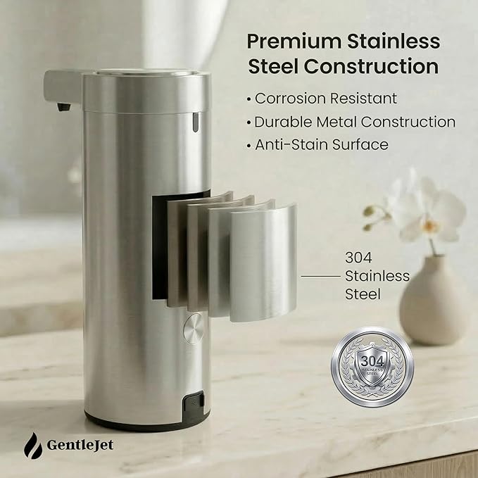 GentleJet SmoothDrop Automatic Liquid Soap Dispenser – Touchless, No-Drip Precision Pump, USB-C Rechargeable, 304 Stainless Steel, Waterproof Countertop Dispenser for Kitchen & Bathroom Sink, 270 ml