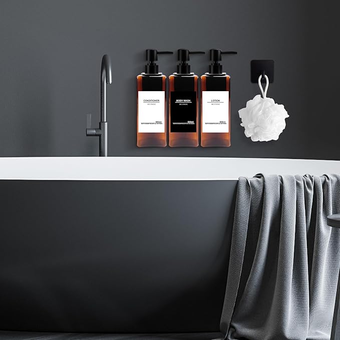 Shampoo Dispenser for Shower Wall, Shampoo and Conditioner Dispenser with 16 Waterproof Labels, No Drill Shower Soap Dispenser Bathroom, Shower Soap Dispenser Wall Mounted 3 chamber, 17oz, Black Amber