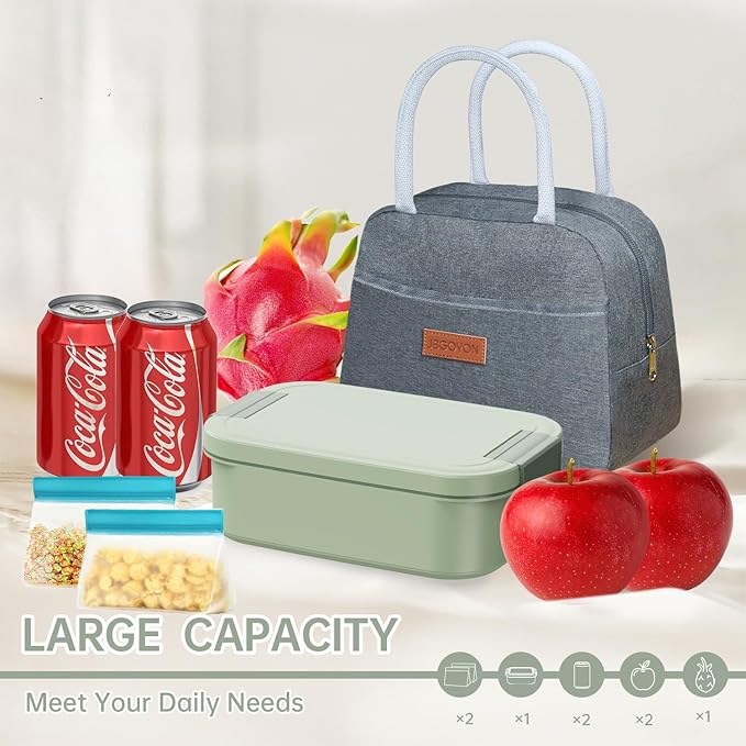 JBGOYON Bento Box and Lunch Bag Set, Leak-Proof Lunch Box for Adults and Kids with Built-in Utensils, Insulated for Work School Travel, Microwave & Dishwasher Safe, All-in-One (Light Green)