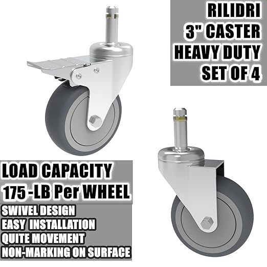 RILIDRI 3-Inch Swivel Stem Caster, 7/16-Inch Stem Diameter Rubber Wheel, Heavy Duty TPR Replacement Wheels for Rubbermaid Mop Bucket Cart Grill Casters - 4 Pack (2 Brakes 2 Swivel)