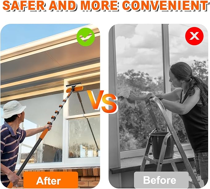 SISUPASSIE 30FT Reach 2-in-1 Window Squeegee, Professional Window Washing Kit with 5-24FT Extension Pole for Home