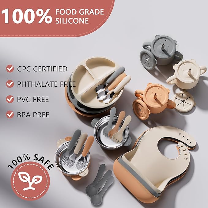27 Pack Silicone Baby Feeding Set, Hepotk BPA-Free Food Grade Baby Feeding Essentials Utensils, Second Stage Baby Food Eating Utensils, Set of 3 babies((Brown, Beige, Grey)
