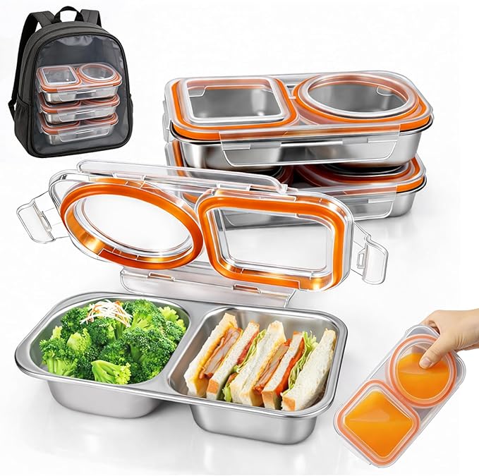 Stainless Steel Bento Lunch Box 3 Pack – Leak Proof 2 Compartment Lunch Containers, Meal Prep & Portion Control, BPA Free, Dishwasher Safe for Work & Office (Orange)
