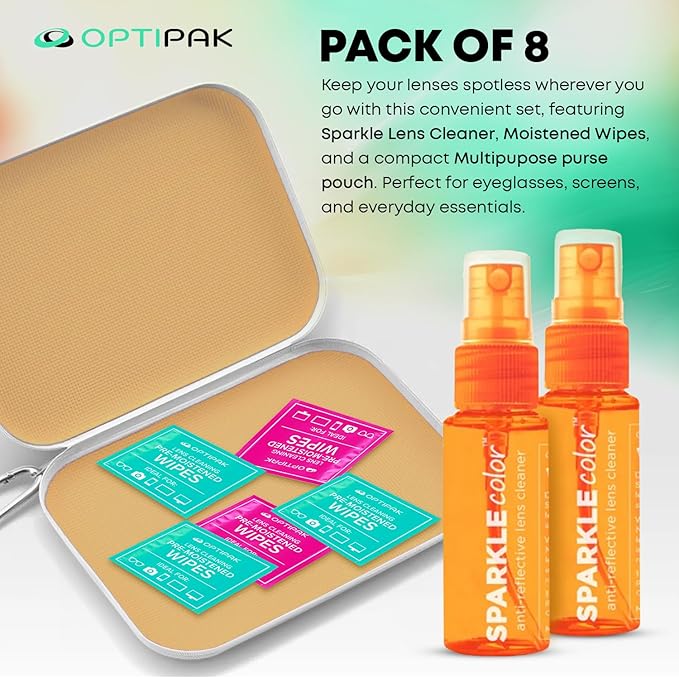 Sparkle Anti-Reflective Safe Lens Cleaner Spray Kit - (2) 1oz Glasses Cleaner Spray, (5) Pre-Moistened Lens Wipes & (1) Travel Pouch for Eyeglasses