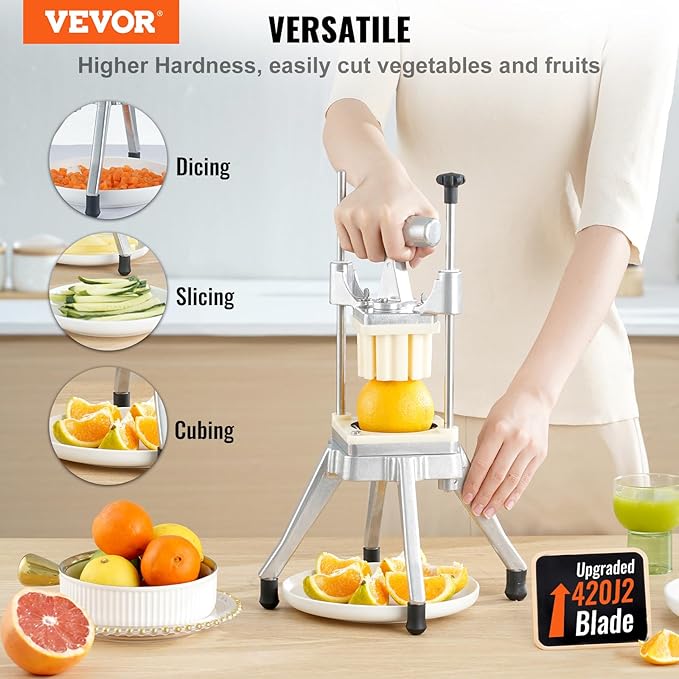 VEVOR Commercial Vegetable Fruit Chopper, Stainless Steel French Fry Cutter w/ 4 Blades 1/4" 3/8" 1/2", Vegetable Chopper Dicer w/Stainless Bowl, Heavy Duty Cutter for Potato Tomato Onion Mushroom