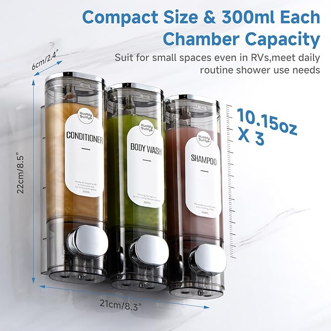 Shampoo and Conditioner Dispenser, Shower Soap Dispensers 3 Chamber No Drill Refillable Wall Mounted Shampoo Body Wash Dispenser for Shower 3 * 300 ml Container for Bathroom Hotel RV, Clear