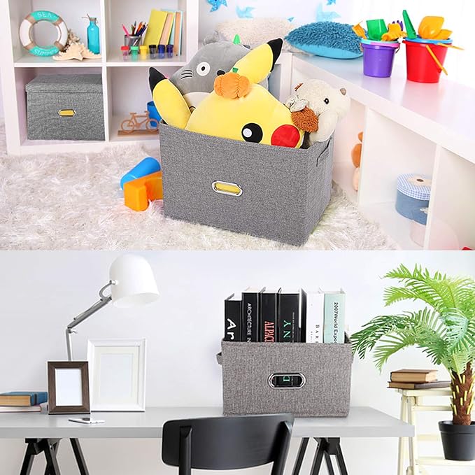 Linen Fabric Collapsible Storage Bins with Removable Lids and Handles, Washable Storage Box Containers Baskets Cube with Cover for Bedroom,Closet