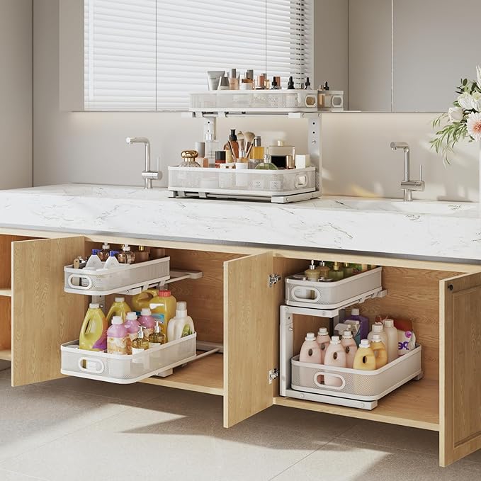 2 Pack Under Sink Organizer With Smooth Cylindrical Rail,2-Tier Pull Out Multi-Purpose Cabinet Storage for Bathroom&Kitchen,Height Adjustable,Rust-resistant Coating-White