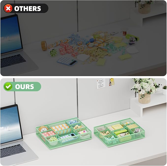 Marbrasse 2 Pack Desk Drawer Organizer, Mesh Drawer Organizer Tray with 8 Adjustable Compartments, Desk Organizers and Accessories, 5 Dividers Drawer for Office Supplies, Makeup & Vanity (Green)
