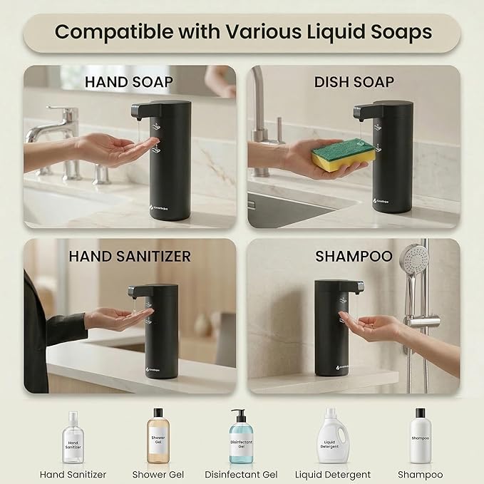 GentleJet SmoothDrop Automatic Liquid Soap Dispenser – Touchless, No-Drip Precision Pump, USB-C Rechargeable, 304 Stainless Steel, Waterproof Countertop Dispenser for Kitchen & Bathroom Sink, 270 ml