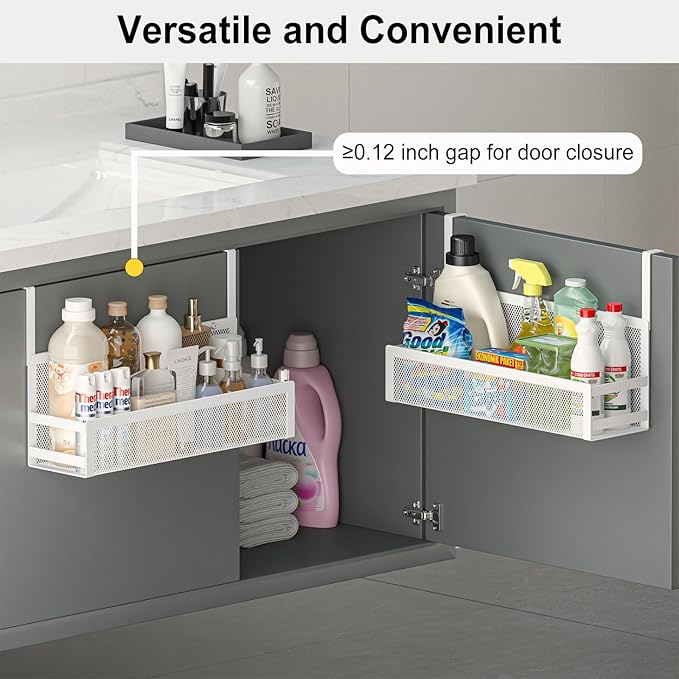 Hanging Desktop Baskets Fine Mesh Wire Storage Basket Over Cabinet Door Organizer No Drilling Required for Kitchen Bathroom Office, 1 Small, 1 Large.