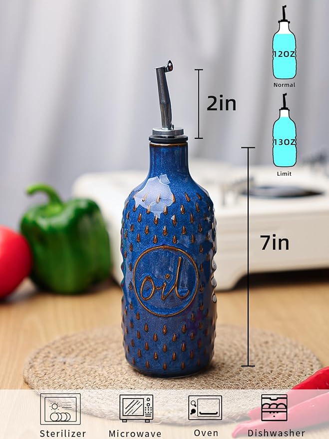 GDCZ Ceramic Olive Oil Dispenser Bottle, 13 Oz Relief Opaque Oil Cruet, Oil Dispenser for Kitchen Counter, for Storage Oil, Vinegar, Soy Sauce, Coffee Syrup, Liquids (Blue)