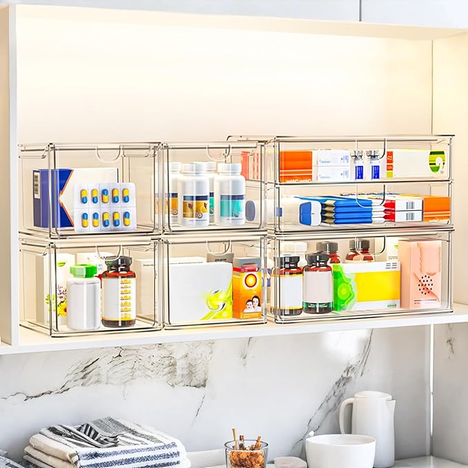 caktraie Acrylic Storage Drawers Set of 6, Clear Makeup Organizer, Plastic Organizer Bins for Beauty Supplies,Ideal for Vanity, Bathroom,Cabinet,Pantry Organization