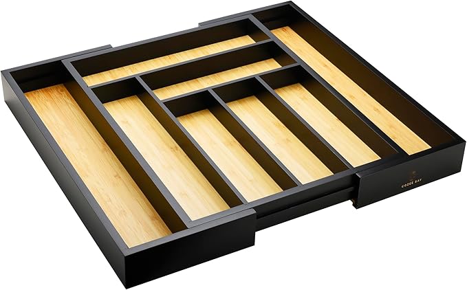 Cozee Bay Bamboo drawer organizer, utensil holder, silverware organizer, and adjustable cutlery tray with drawer dividers, for kitchen, office desk, and bathroom storage (Black)