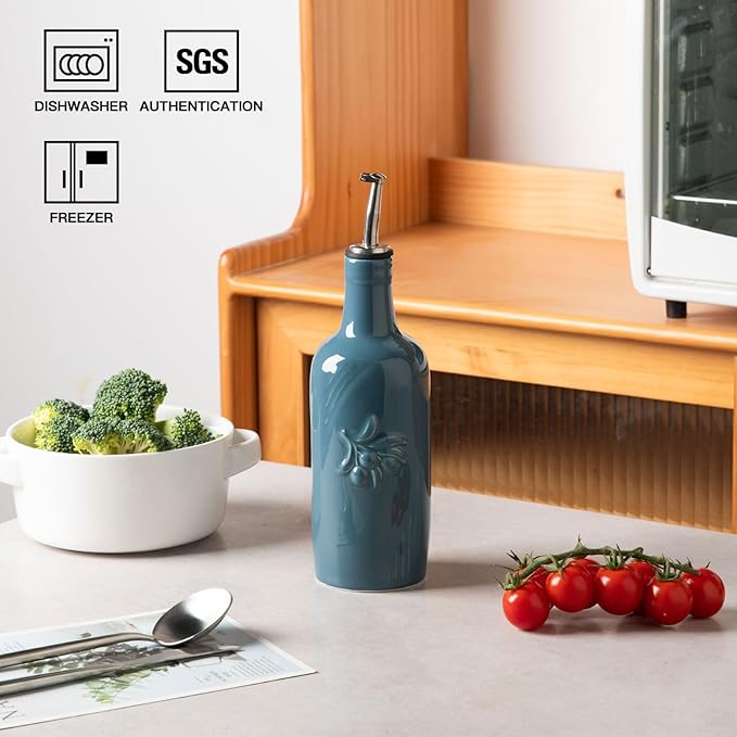 Sweejar Ceramic Olive Oil Dispenser Bottle, 17 FLOZ Oil Bottle with Spout，Porcelain Oil Dispenser for Kitchen,Cooking, Evoo, Vinegar, Soy Sauce, Pack of 1 (Fog blue)