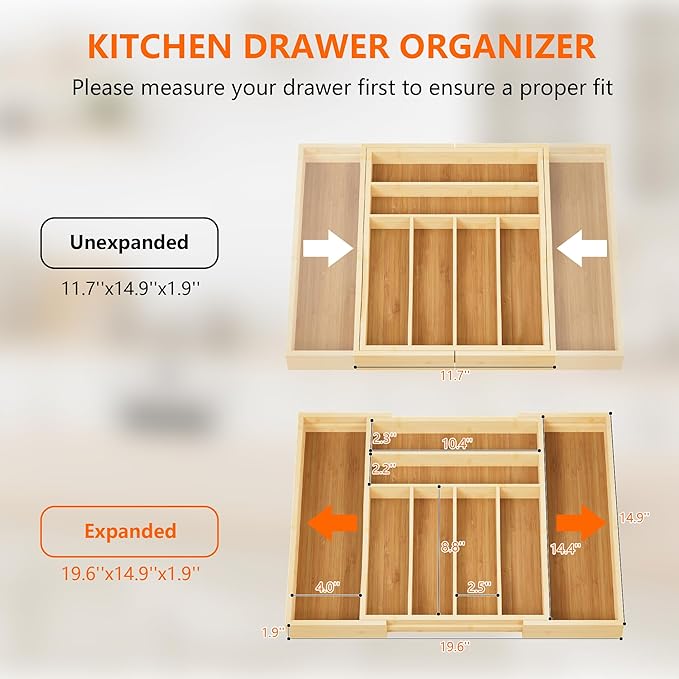 Bamboo Expandable Drawer Organizer Tray with Dividers, Adjustable Kitchen Flatware Organizers for Utensils & Silverware, 6-8 Slots Curved Groove Storage (Natural)