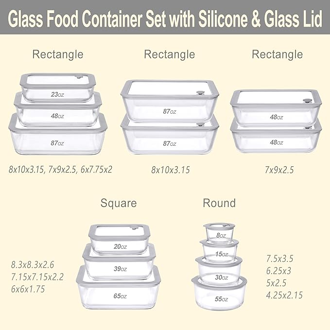 Glass Food Containers with Glass Lid, Microwave Safe Food Storage Container Set, 2 Pack of 48oz