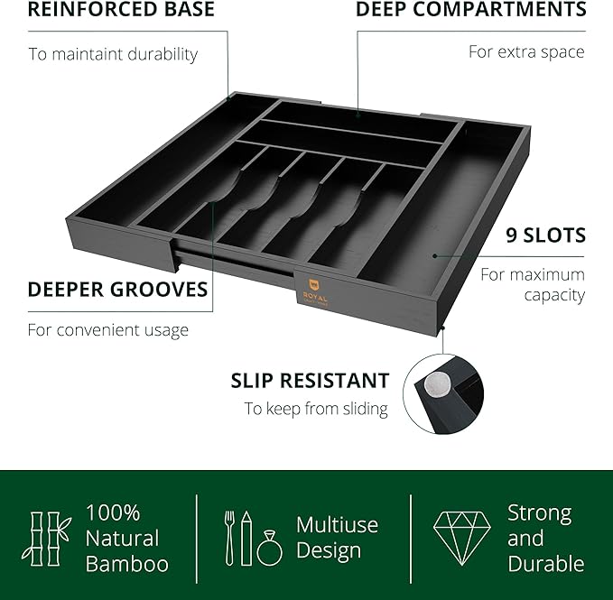 ROYAL CRAFT WOOD Luxury Bamboo Kitchen Drawer Organizer - Silverware Organizer - Utensil Holder and Cutlery Tray with Grooved Drawer Dividers for Flatware and Kitchen Utensils (9 Slot, Black)