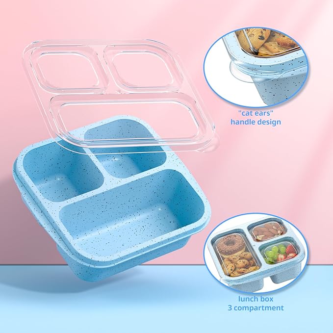 Snack Boxes (3 Pack) - Stackable Bento Boxes with 3 Compartments, Meal Prep Containers Reusable, Lightweight Lunch Containers for Kids and Adults