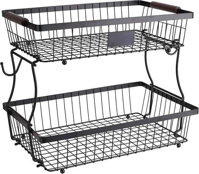 2-Tier Stackable Wire Basket with 2 Banana Hooks, Pantry Organizer for Kitchen Countertops, Cabinets & Under-Sink Spaces; Ideal for Storing Snacks, Fruits, Veggies, Onions, Potatoes, & More,Black