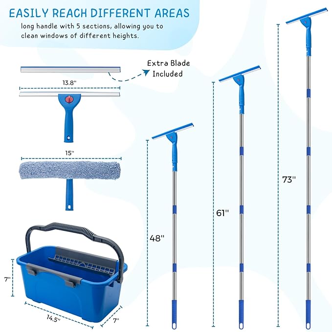 Window Cleaning Kit - 6 Ft Handle, 3 Gallon Bucket, Glasses Cleaner