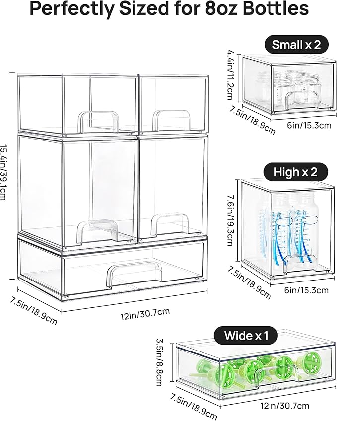 Stackable Storage Drawers Set of 5, Clear Plastic Organizer Bins for Baby Bottle